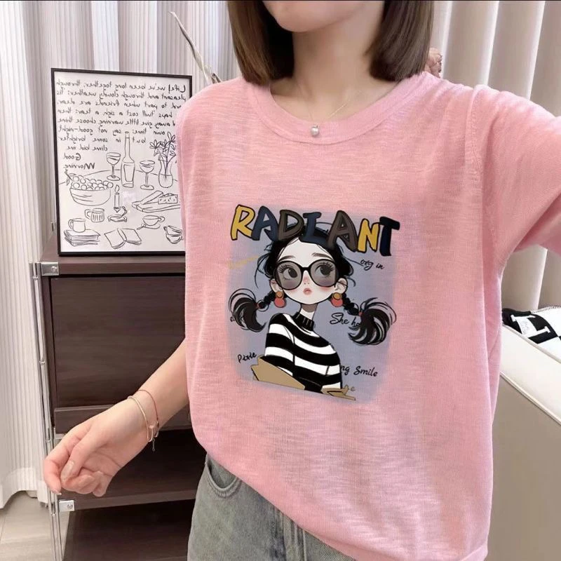 

plus Size Women's Summer New Lightweight Breathable round Neck Short Sleeve T-shirt Base Shirt Comfortable Cotton Print Design