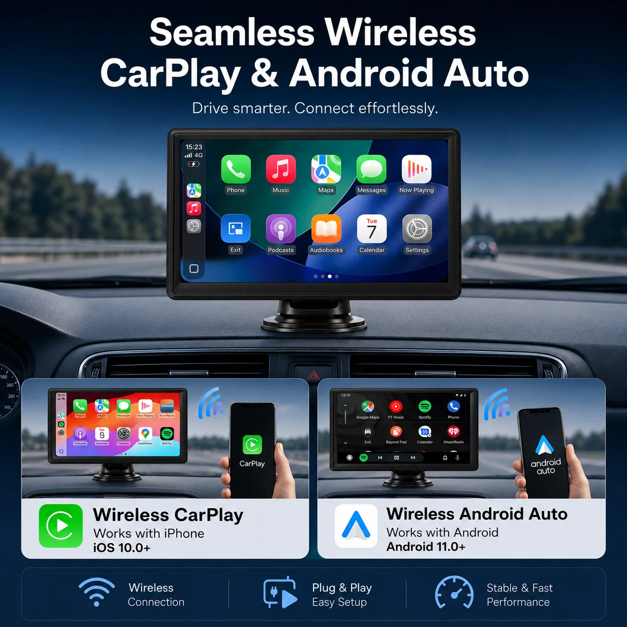 7 Inch Portable Wireless CarPlay Screen IPS Display Android Auto Car Radio Multimedia MP5 Video Player iOS Android Compatible