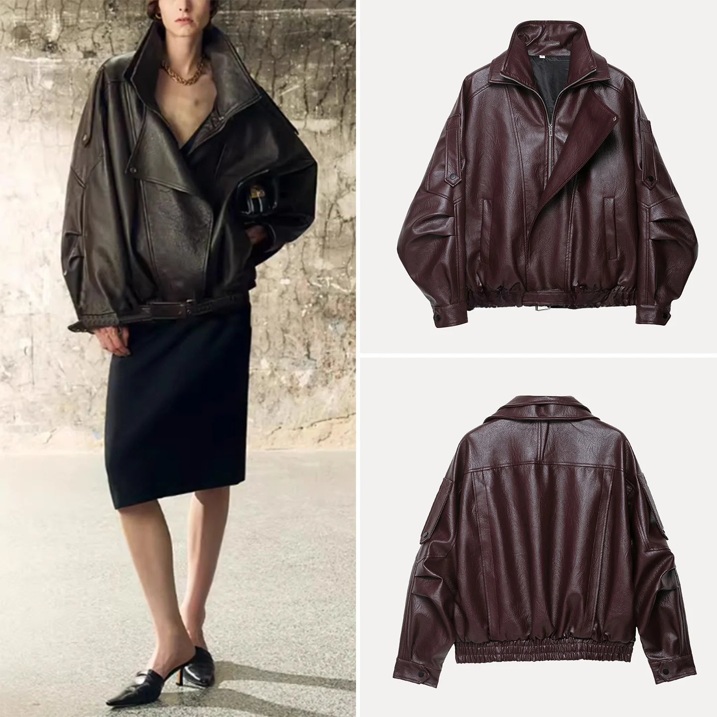 Retro Biker Jaet Damen SLE Heavy Sve Ape Ort Faion Ledermantel Z Brand Commute Sle Long Sve Reißverschluss