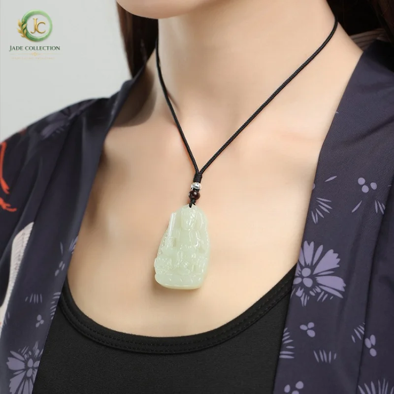 Hetian Jade Flagship Store Guanyin Pendant for Men, Natural Xinjiang White Jade Men's Jade Pendant, Jadeite Pendant