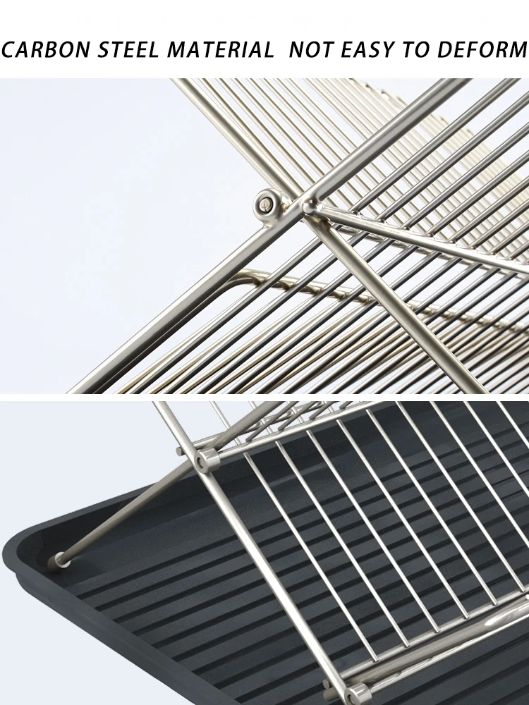 Kitchen Large X Folding Multifunctional Stainless Steel Drainage Rack 2 Tier Strainer Shelf With Tray Drying Dish Cutlery Rack