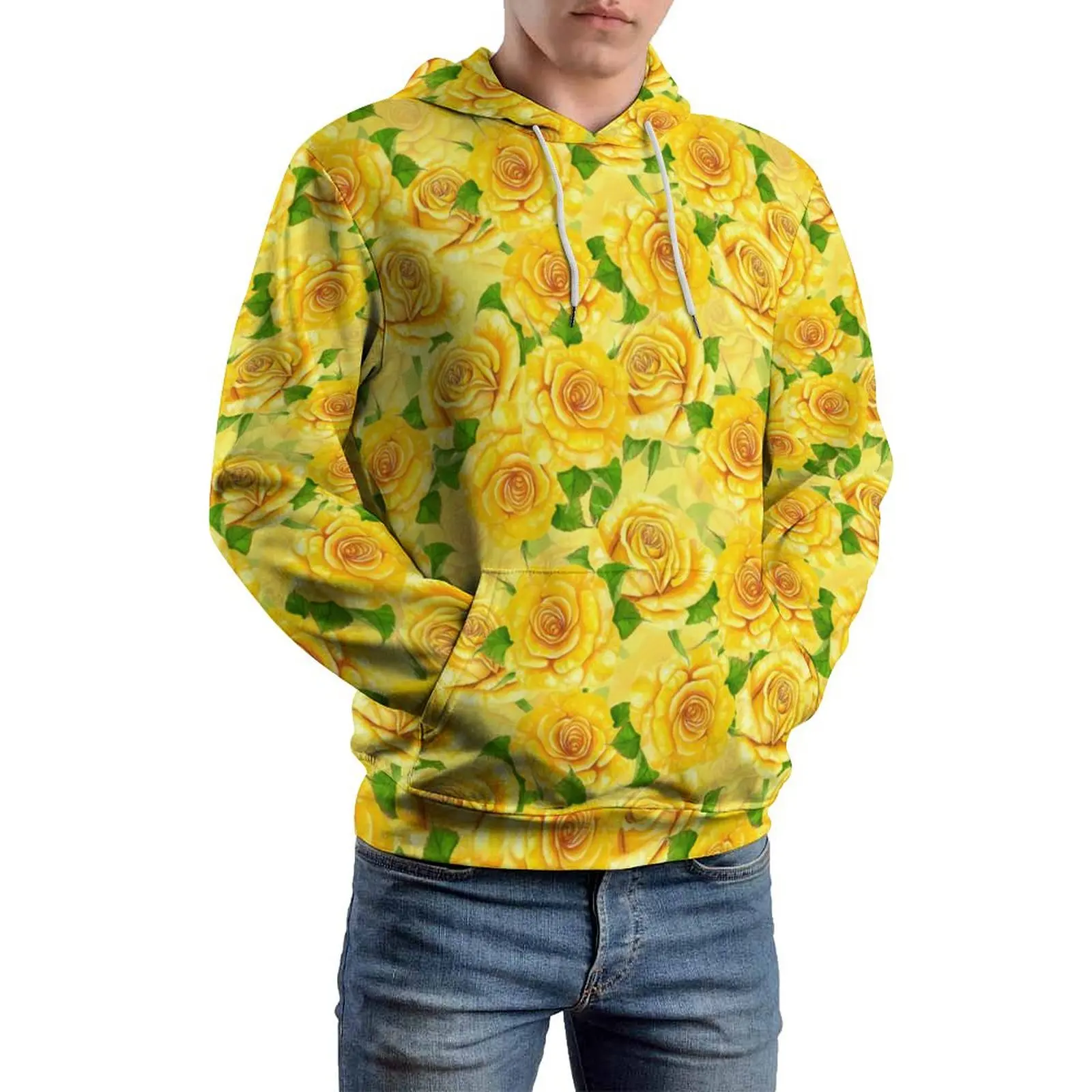 Yellow Rose Casual Hoodies Man Watercolor Flowers Retro Pattern Sweatshirts Autumn Long Sleeve Street Fashion Oversized Hoodie