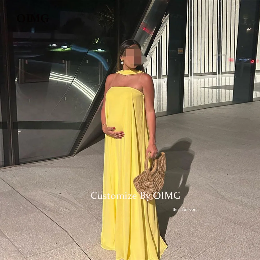 OIMG Hot Yellow Chiffon Evening Party Dresses Gown Sleeveless Plunge High Neck African Women Cocktail Dress Long Prom Gowns