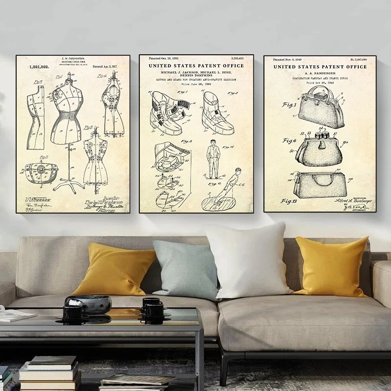 Fashion Clothing Shoe Bag Design Vintage Poster Sewing Machine Blueprint Patent Canvas Painting Wall Art Tailor Room Home Decor