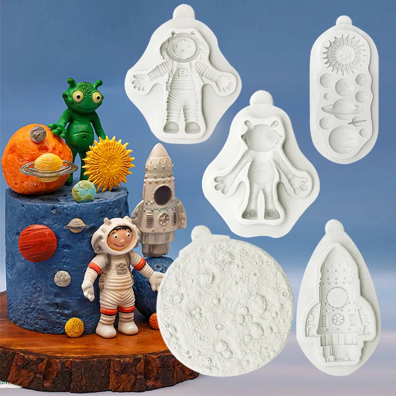 Molde de silicona con tema espacial, herramienta de decoración de pasteles de fiesta, astronauta, cohete, alienígena, caramelo, Chocolate, fuente,