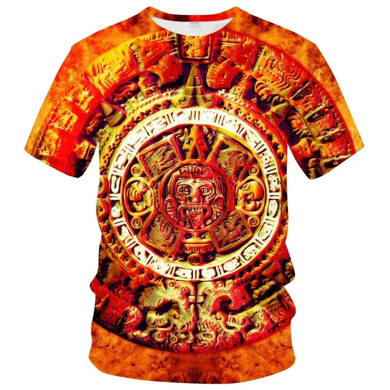 Retro Mexico Aztec Totem T-Shirt For Men Summer 3D Print Short Sleeve Tees Tops Mayan Culture Theme T Shirts Male Clothes