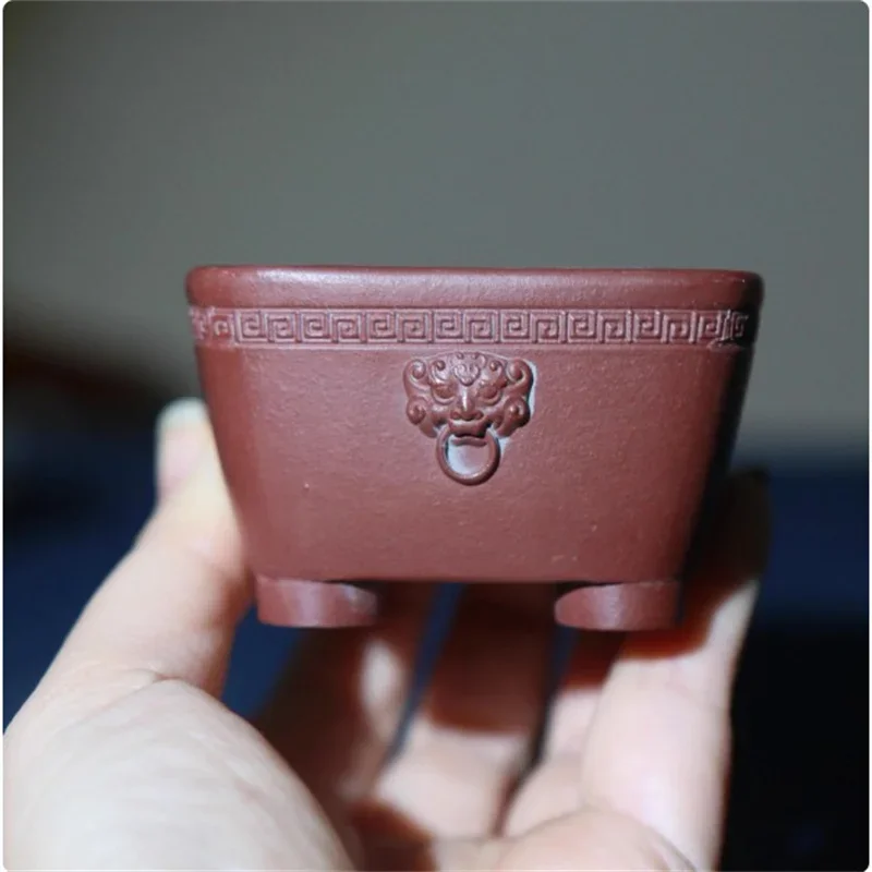 yesPurple Sand Rectangle Round Angle Small Bonsai Pot,China Carved Pattern,Mini Plant,Home Decoration