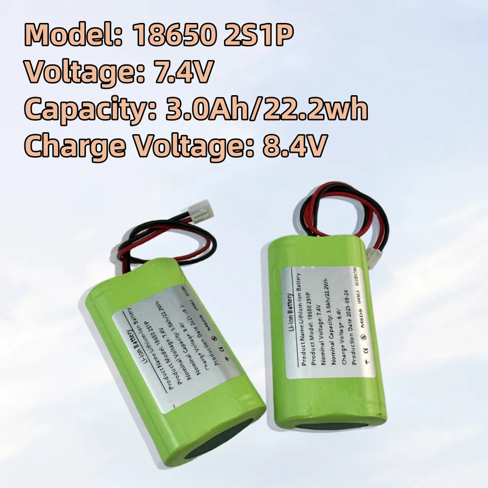 7.4V 3000mAh 18650 2S1P Lithium Ion Battery Pack XH2.54-2P Plug,Great for Projectors, Speakers, Wireless Monitoring