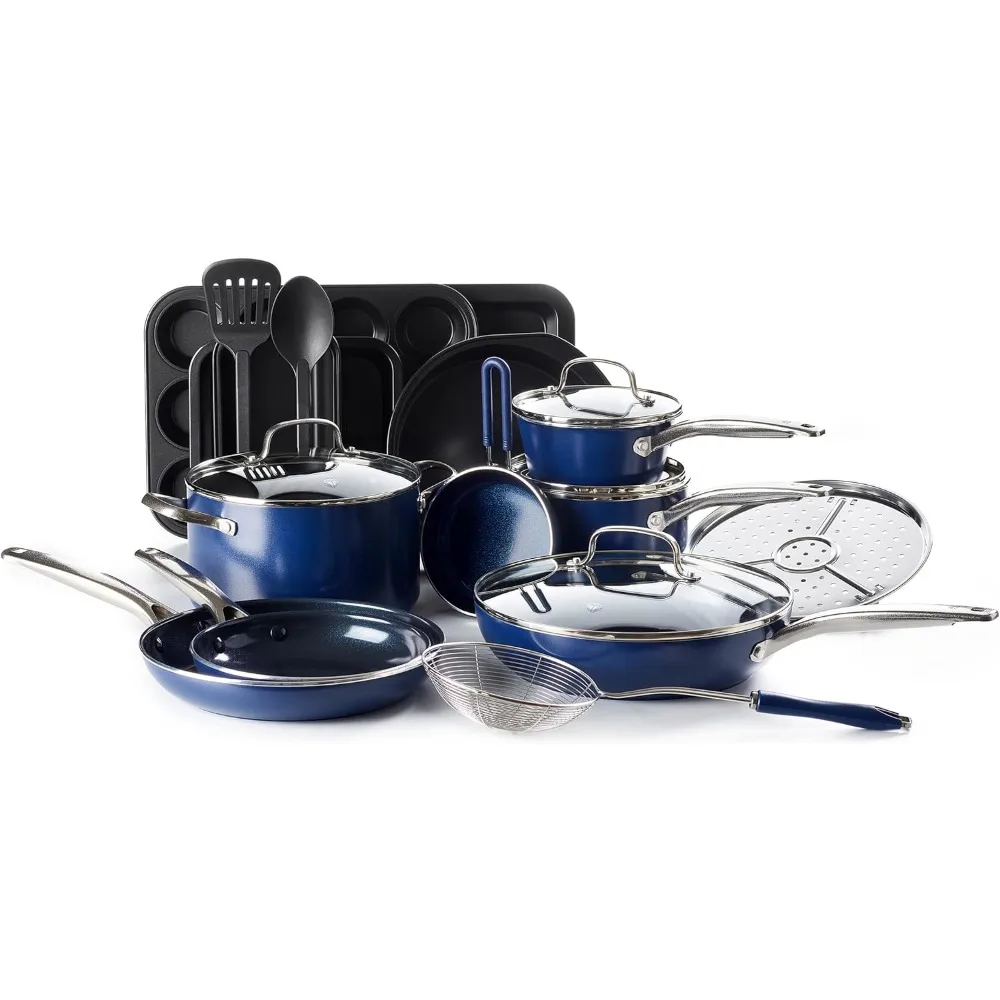 

Cookware Diamond Infused Ceramic Nonstick 20 Piece Cookware Bakeware Pots and Pans Set, PFAS-Free, Dishwasher Safe, Oven Safe