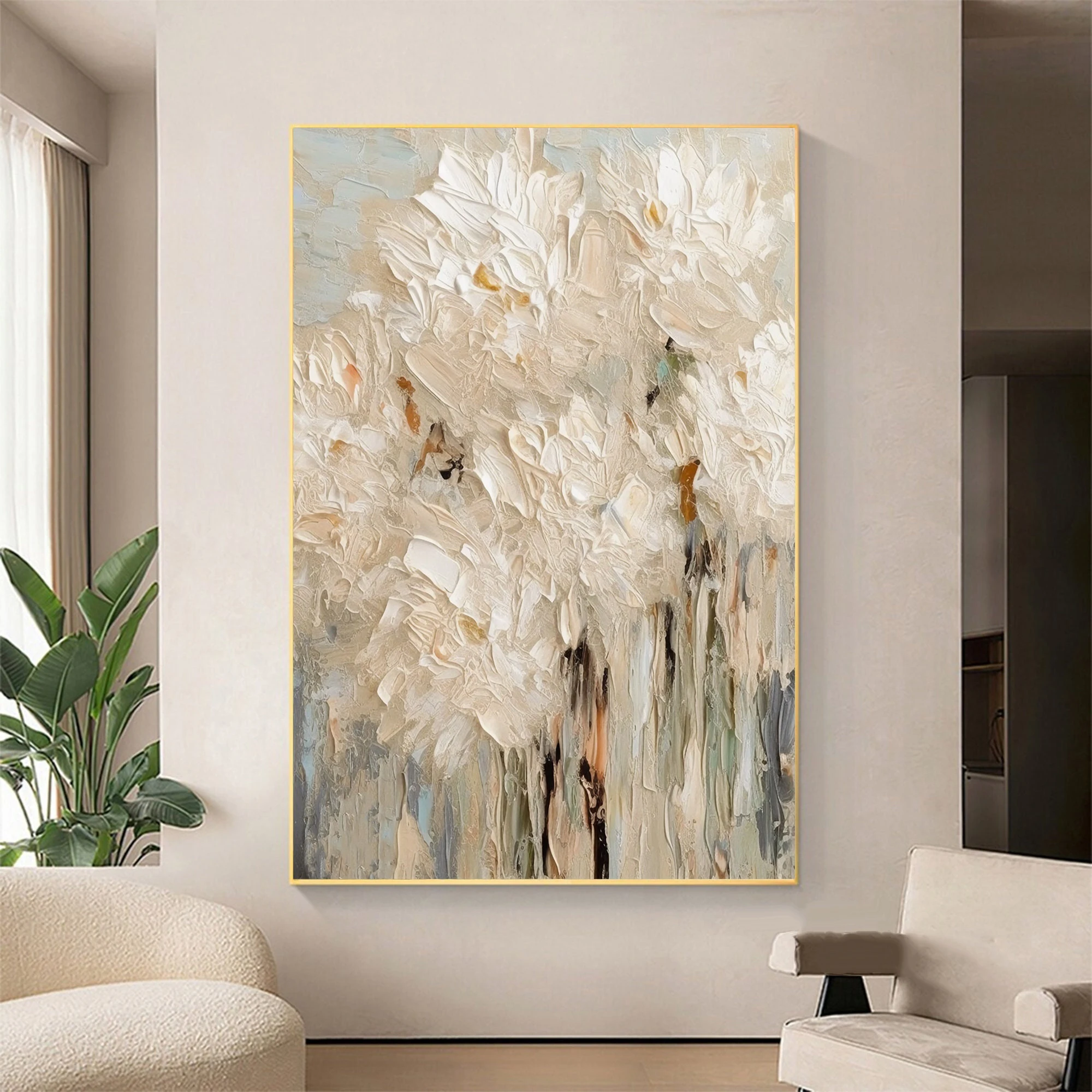

Textured Flower Painting on Canvas Original Abstract Flower Wall Art Painting Large Beige Textured Wall Art Modern Painting