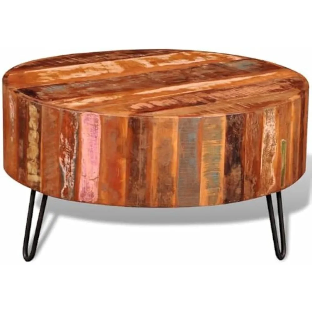 

Coffee Table, Round Center Table, Solid Reclaimed Wood, Iron Legs, Fully Handmade, Multicolor, Living Room, 27.6" Diameter x 15