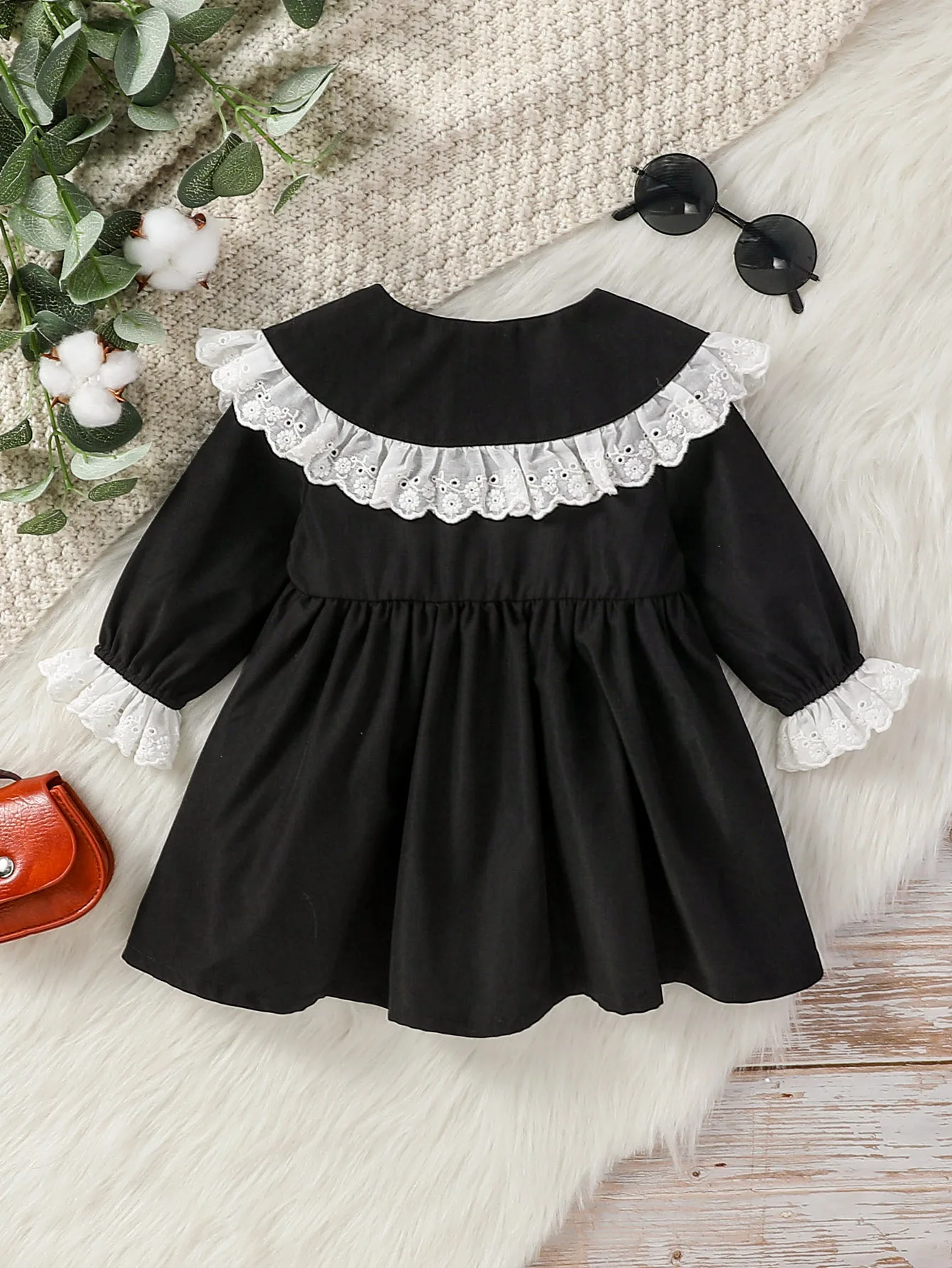 2024 Baby Gilrs Black Doll Collar With Lace For 6M-3Y Vintage European and American style Dress