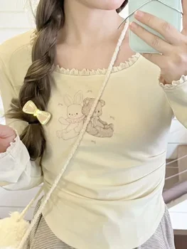 Harajuku kawaii מתוק harajuku t חולצות נשים יפנית קריקטורה דפוס תחרה נשים רזה T צמרות רך 2024 הקיץ