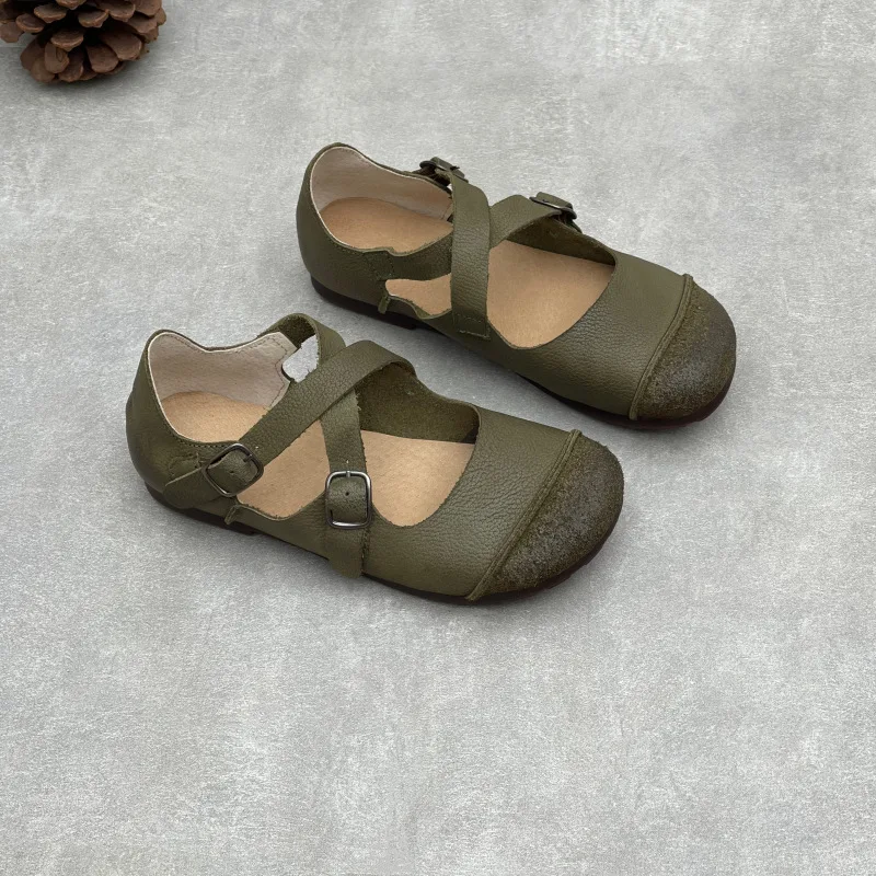 Women Original Handmade Genuine Cow Leather Belt Buckle Flat Shoes Retro Round Toe Cross Strap Mary Janes Casual Comfort Pumps view 4