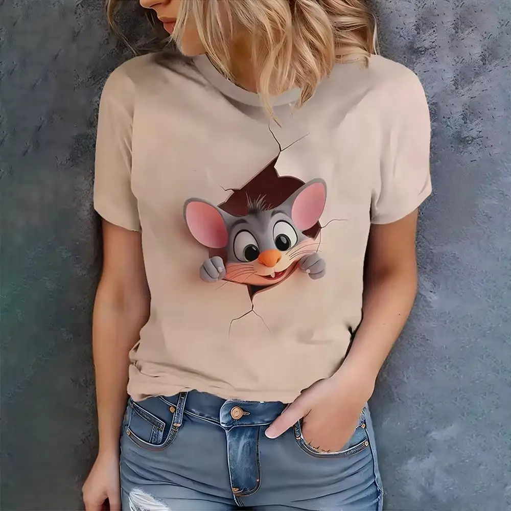 

2025 New Cute Mouse Print T-shirt Summer Trendy 3D Cartoon Pattern Clothing Women's Everyday Casual Fashion Round Neck Top