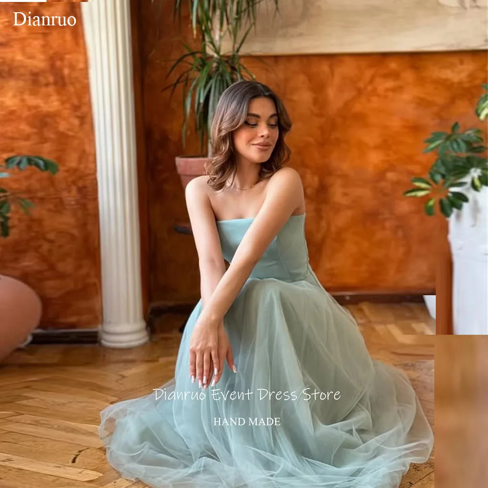 

Dianruo Lace Up Tulle Evening Dresses Long Length Strapless Robe Soirées Ribbons A Line Flowy Wedding Party Dress Customized