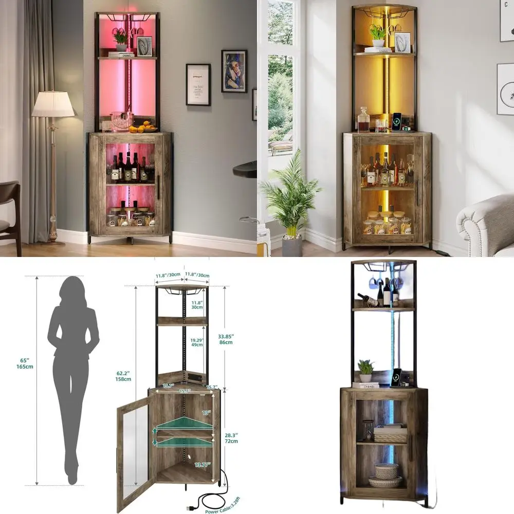 

Gray Oak Corner Liquor Cabinet with LED Lights & Power Outlets, Glass Holders for Home Bar