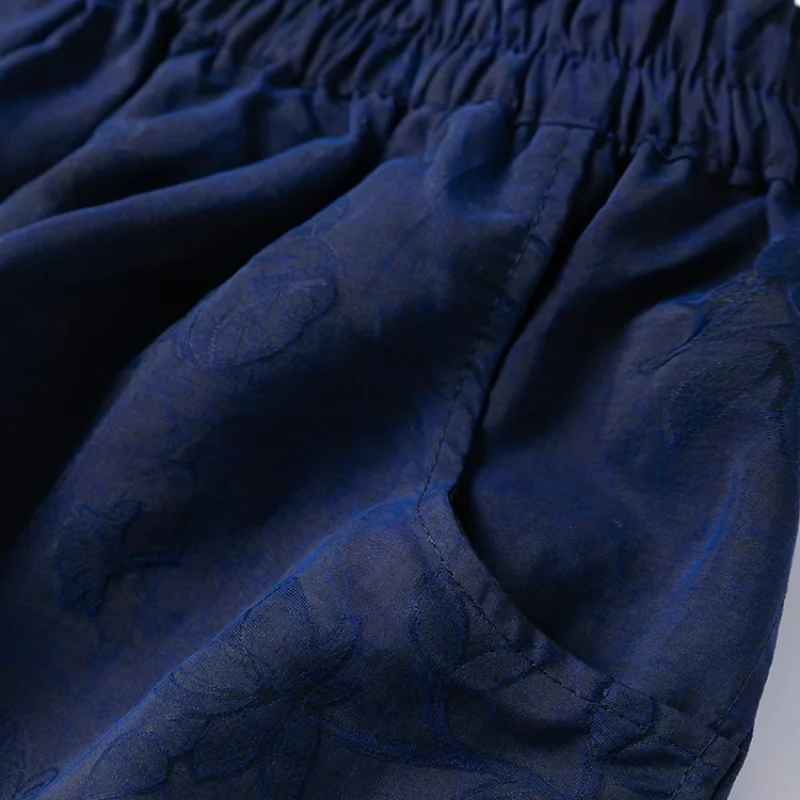 Birdtree Women's 100% Mulberry Silk Reversible Shorts,Jacquard Craquelure Elastic Waist Black Loose Shorts,2025 New P56631JF