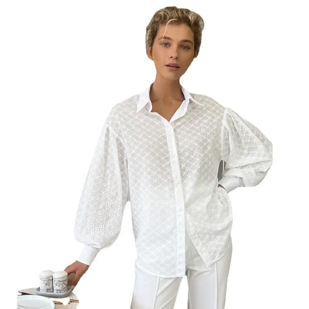 100% Cotton White Shirt for Women Vintage Hollow-out Jacquard Shirt Chic Lantern Sleeve Loose Blouse Blusa Feminina