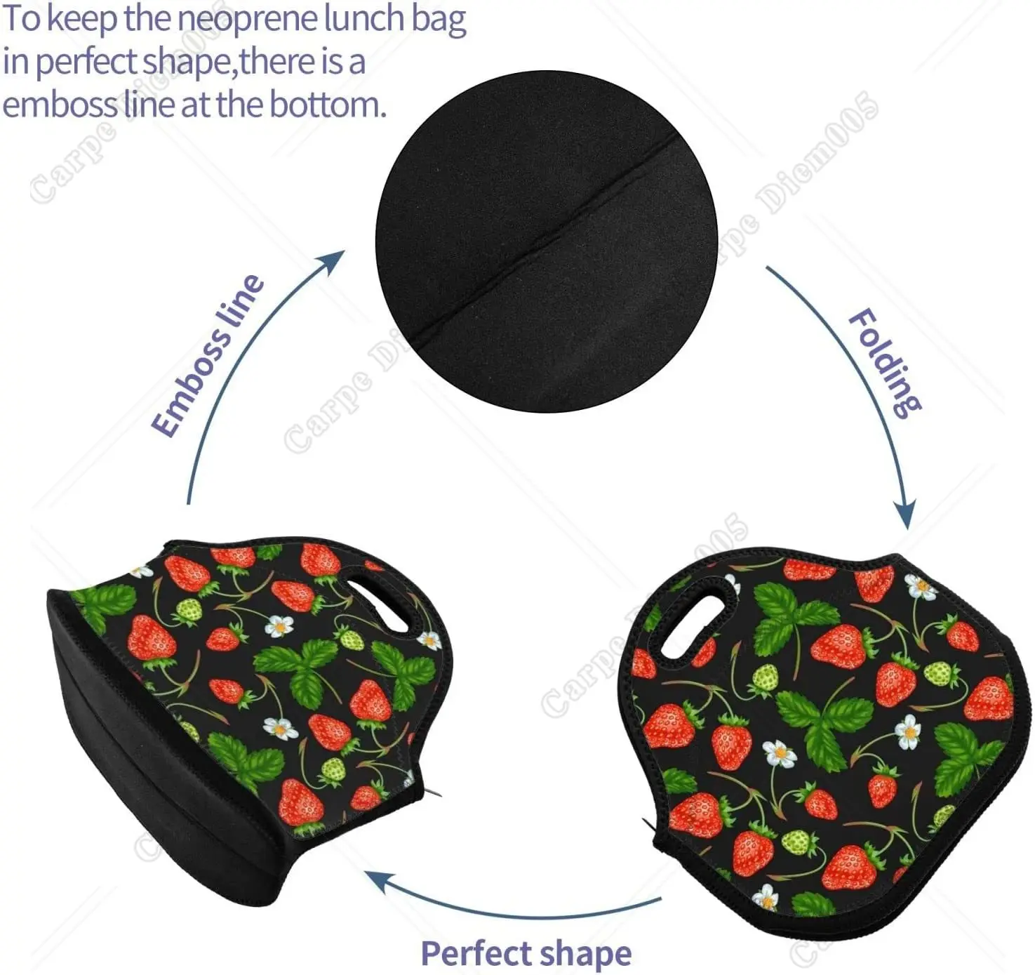 Insulated Neoprene Lunch Bag Fruit Strawberry Reusable Lunch Tote Bag For Camping Fitness Girls Boys