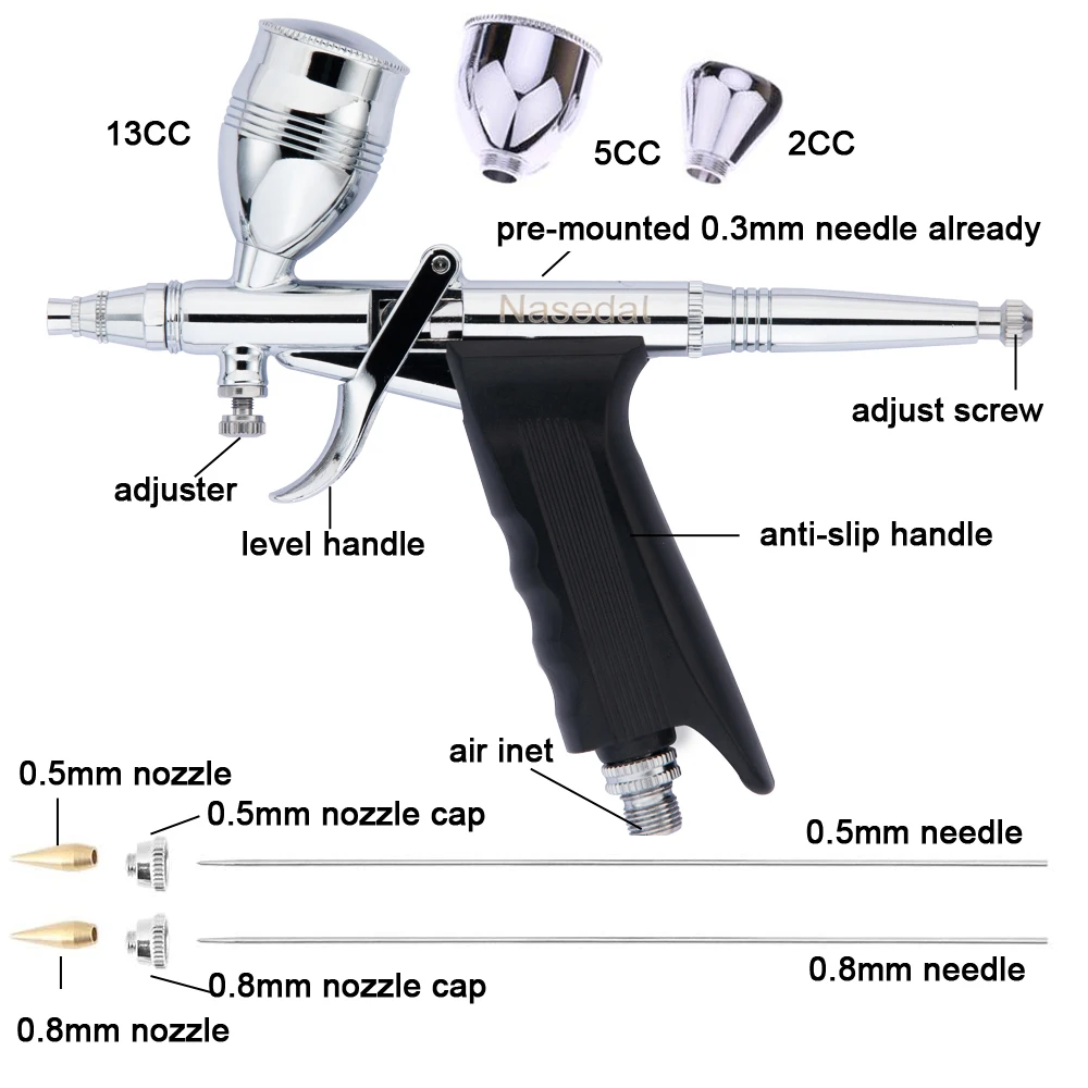 Imagem -04 - Nasedal 0.3 0.5 0.8 mm Dupla Ação Gravidade Airburhs 2cc 5cc 13cc Pistola de Pulverizador Nt116b Aerógrafo Conjunto Spray Modelo Escova de ar