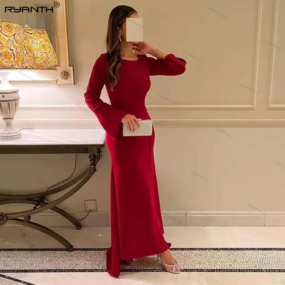 

Ryanth Prom Dresses Mermaid Long Sleeve V-Neck Sequin Pleat Satin Split Ankle-Length Elegant Evening Gown For Women فساتين الس