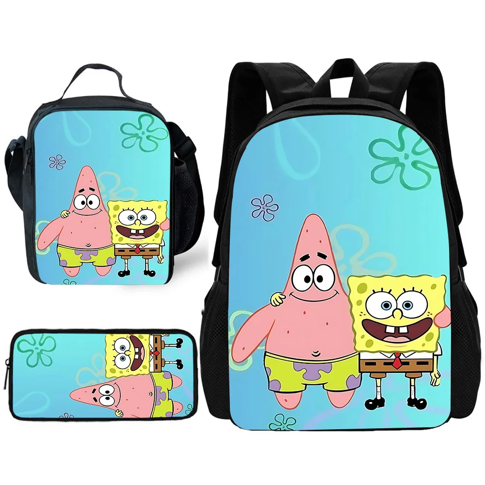 Child School Cartoon Cute Anime SpongeBobs Backpack with Lunch Bags ,Pencil Bags ,School Bags for Boys Girls Best Gift