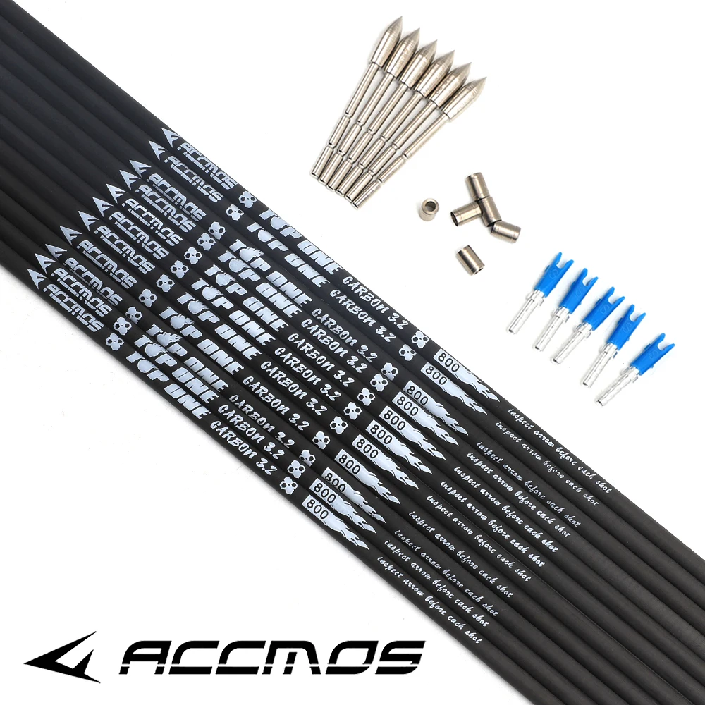 

ID3.2 Carbon Arrow Shaft, Pin Nocks and Arrow Heads, Hunting Shooting Shaft, Spine 350-1000, 12Pcs