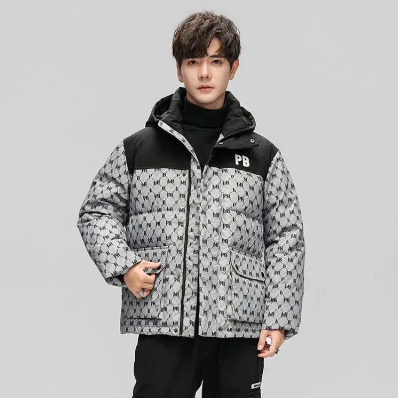 Winter Men's hooded Down Coat Thickened White Duck Down Warmth Printed Trendy Casual Fashion Windproof Men's Jacket