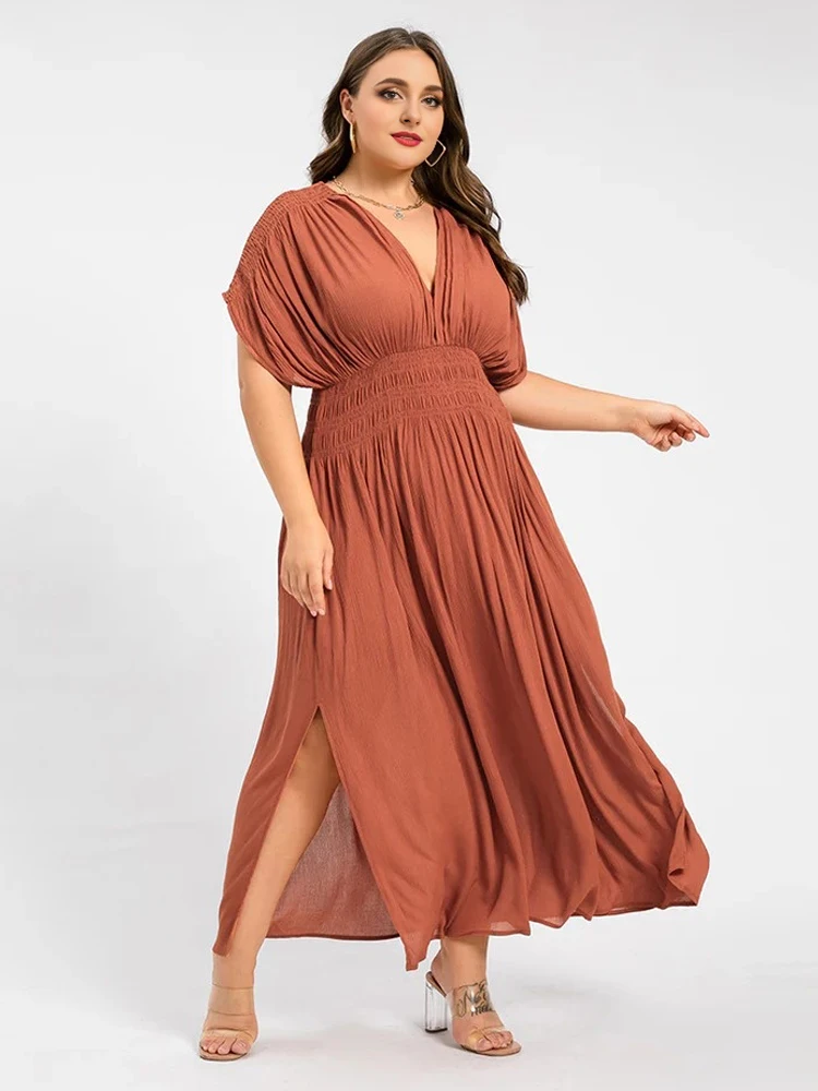 2025 new plus size women's dress, summer orange chiffon pleated evening dress, fashionable V-neck short sleeved women's dress