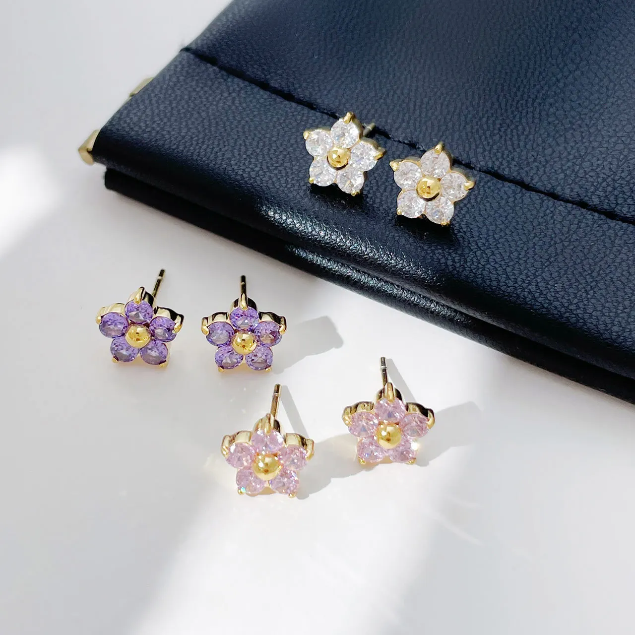 Stainless Steel 5-Petal Flower CZ Stud Earrings Waterproof Colorful Gemstone Flower Earrings | Minimalist Fashion Jewelry