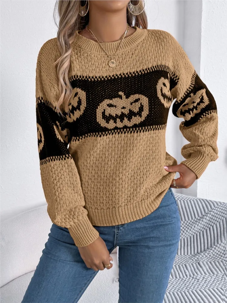 Casual Loose Halloween Ghost Pumpkin Autumn/Winter Knitted Sweater Winter Women's Tops New Contrasting Long Sleeve Pullover