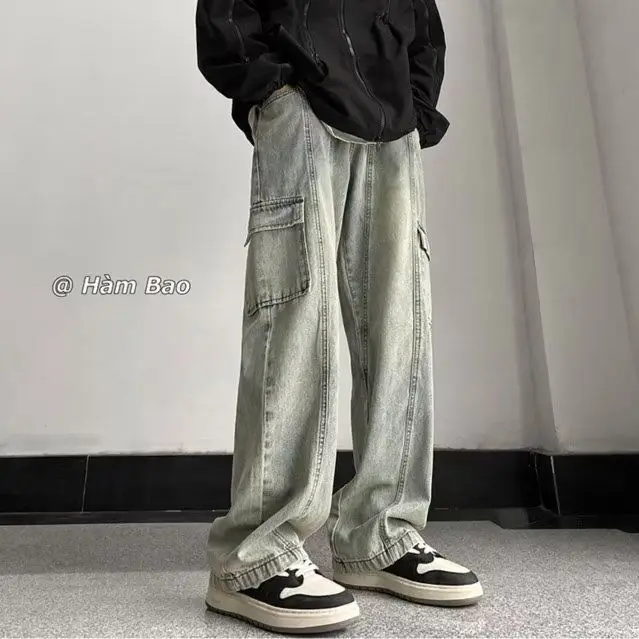 Tooling Jeans Men's Spring Autumn Retro Washed Loose Wide Legs Mopping The Floor Trendy Vintage Baggy Cargo High Street Trousers