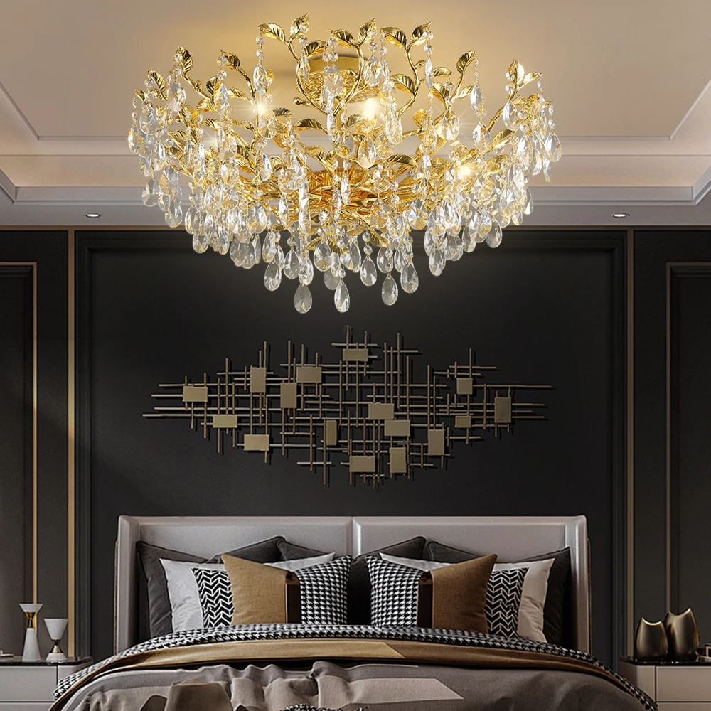 Modern Gold Crystal Chandelier- Luxury Round Ceiling Light for Bedroom, Living Room