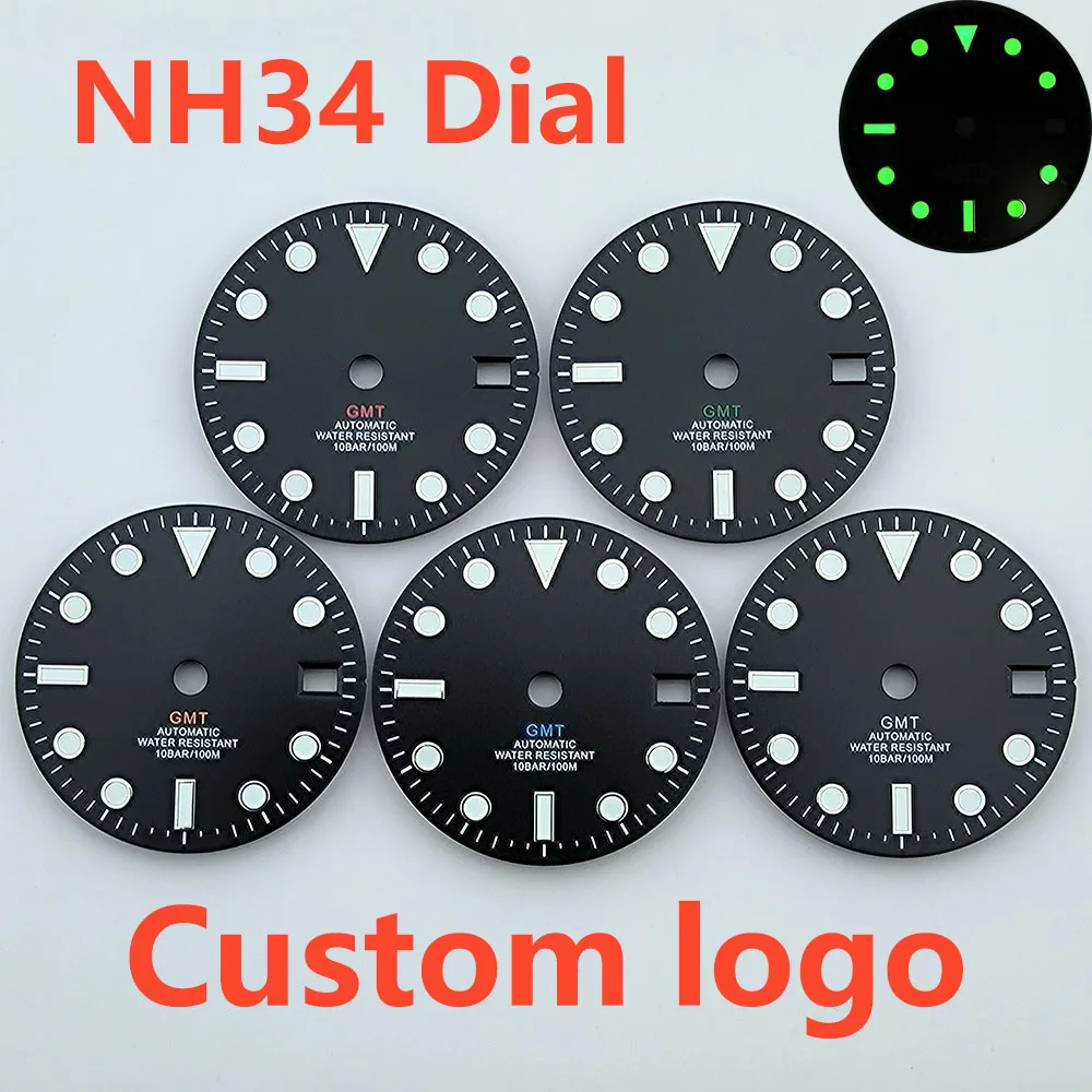 watch dial N H34 dial Custom logo 28.5mm GMT four hands green luminous for N H34 Movement watch accessories repair tool