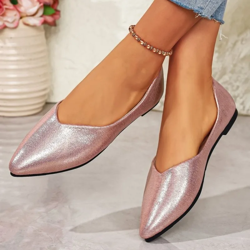 Women Metallic Shiny Pointed Toe Flat Shoes V‑Cut Opening Soft Comfort Slip‑On Daily Party Wedding Commute Walking Footwear
