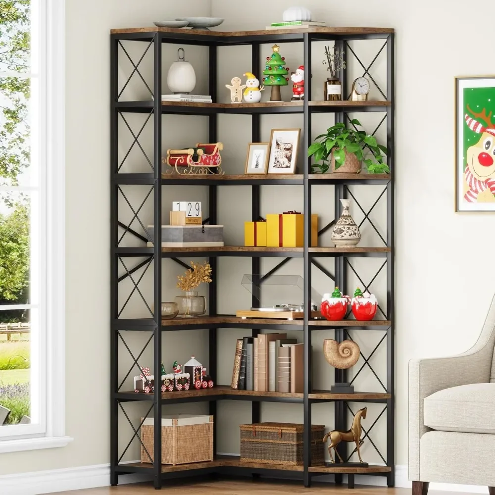 

Modern Industrial Tall Bookcase, 7-Tier Large L-Shaped Storage Shelf Display Rack with Metal Frame for Living Room, Home Office
