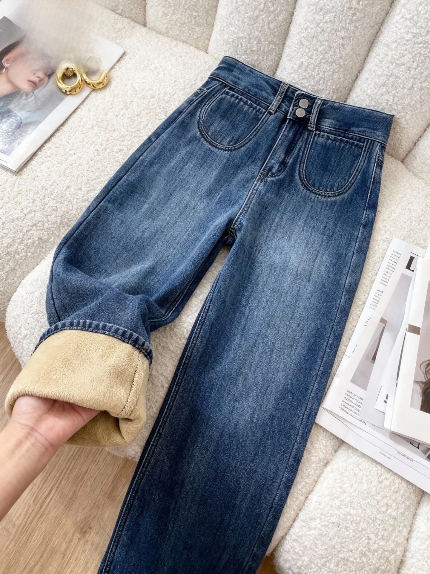 

Синие прямые джинсы с подкладкой в стиле ретро, женские осенне-зимние свободные узкие широкие брюки с высокой талией больших размеров