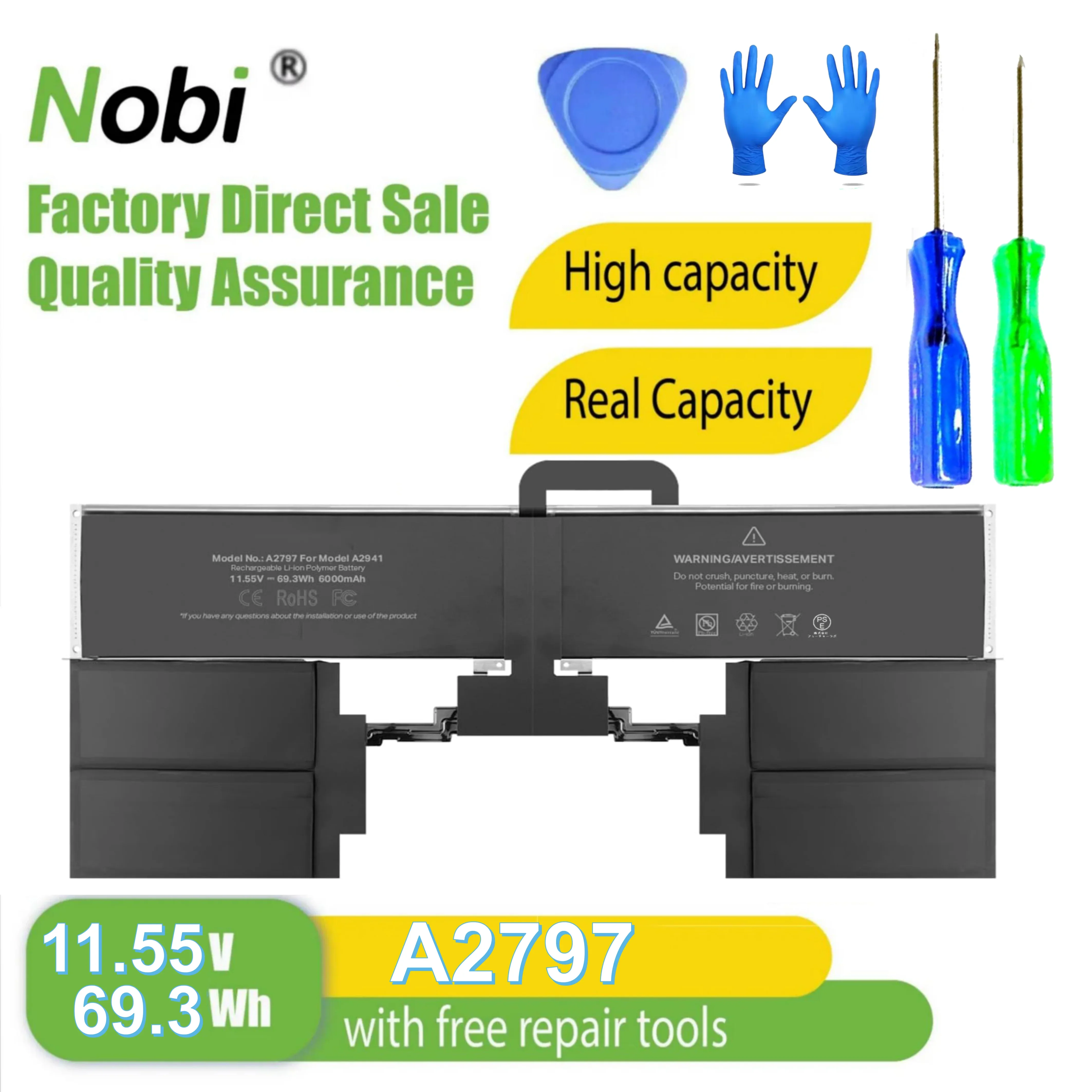 

Аккумулятор Nobi A2797, совместимый с MacBook Air 15-дюймовыми моделями A2941 (M2, 2023) и A3114 (M3, 2024). Совместимые номера деталей: A2797, A2941.