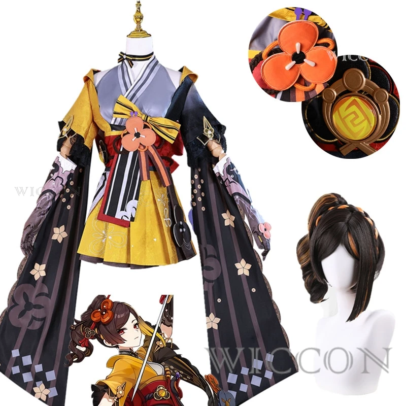 Conjunto de Disfraz de Cosplay de Chiori de Genshin Impact: Peluca, Vestido, Uniforme, Accesorios para la Cabeza, Medias, Accesorios y Atrezzo de la Costurera Tronadora Geo