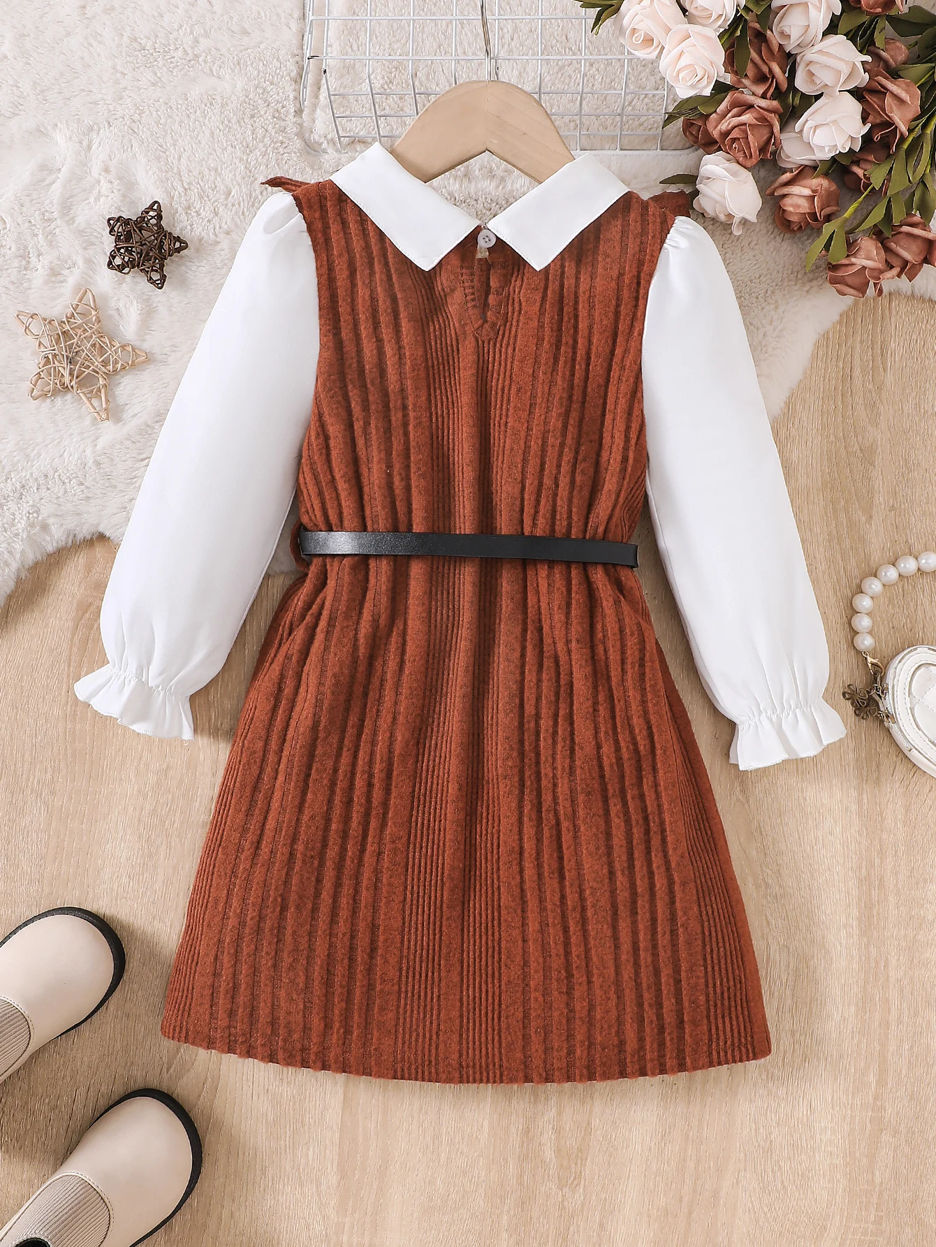 Girls Autumn And Winter New Ruffled Collar Knit Patchwork Fashion Fake Two-Piece Dress With Belt