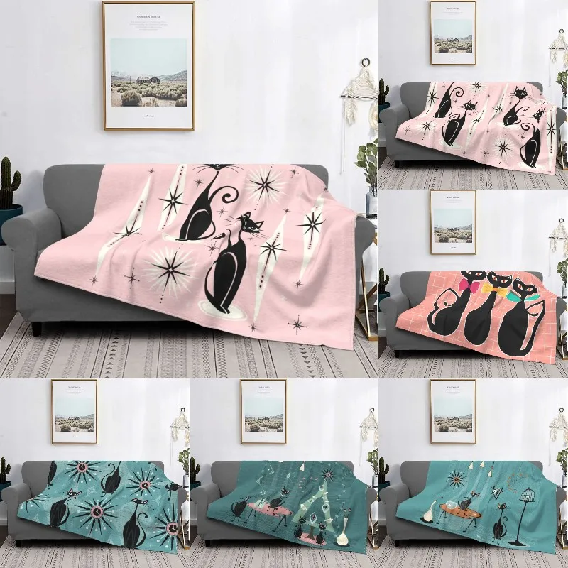 

Cute Black Cat Blankets Warm Flannel Mid Century Meow Retro Atomic Kitties Throw Blanket for Bedding Couch Bedspread