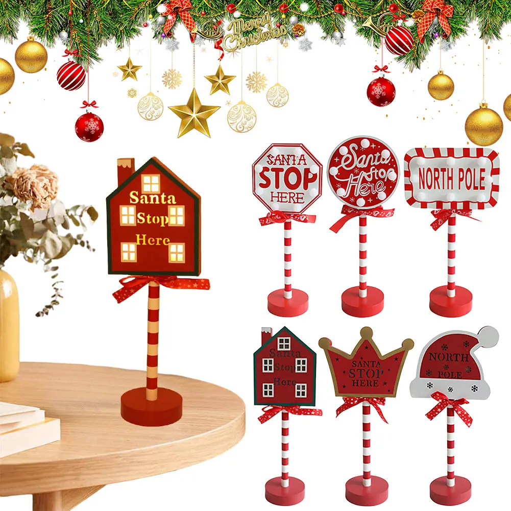 

Santa Stop Here Sign LED Light Yard Sign Decorations Wooden Xmas Table Decoration Warm Light Christmas Sign Lamp for Home Office