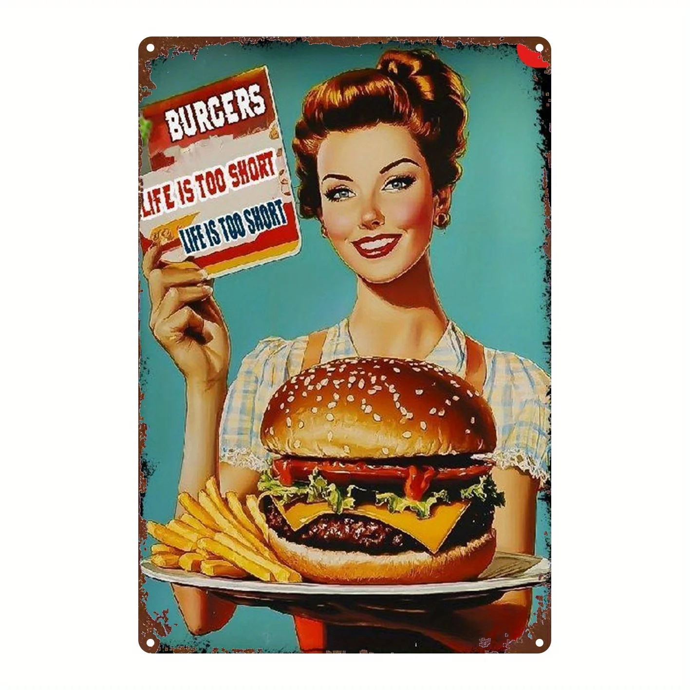 ديكور حائط معدني عتيق من الخمسينيات القرن العشرين همبرغر وبطاطس - ملصق لافتة ريترو للوجبات السريعة للمطبخ والبار والمقهى - 8 × 12 بوصة
