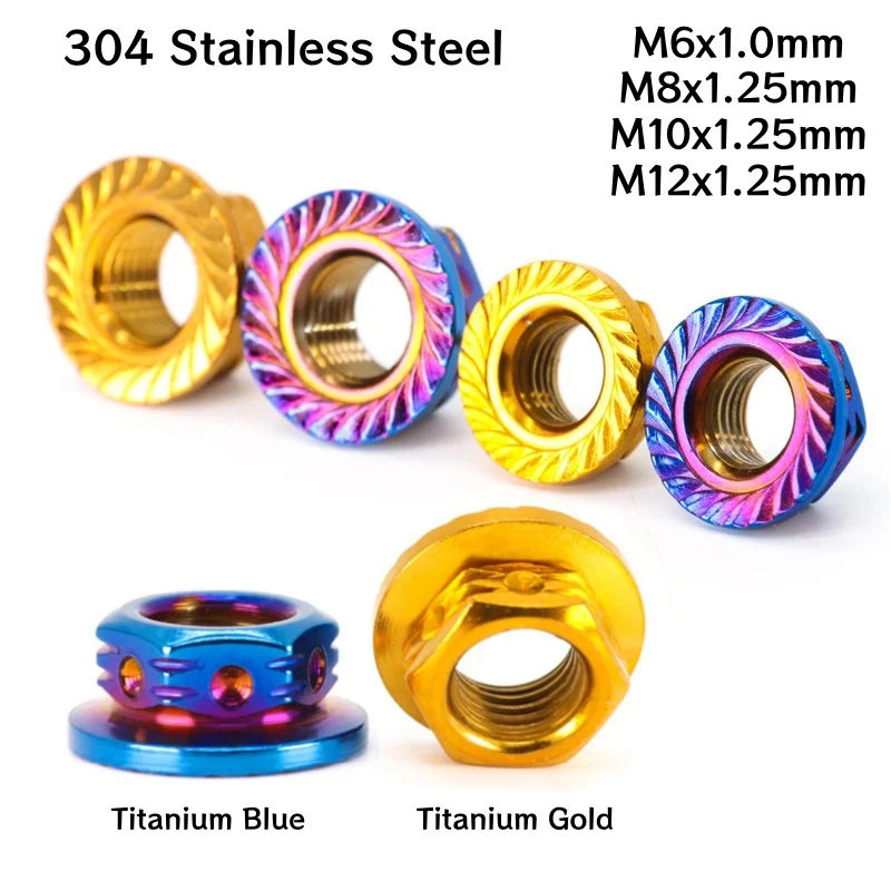 304 Stainless Steel Flange Hex Nut M6 M8 M10 M12 Burn Titanium Gold Titanium Blue Flange Hex Nut for Car Motorcycle Bicycle