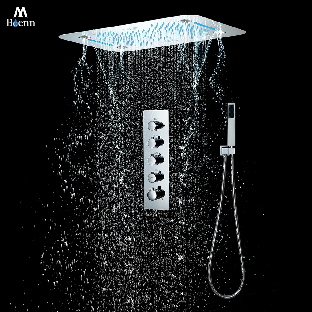 

M Boenn Rotating Water 4 Function Shower Set System Smart Thermostat Mixer Bathroom Fuacets Music LED Black Shower Head Rainfall
