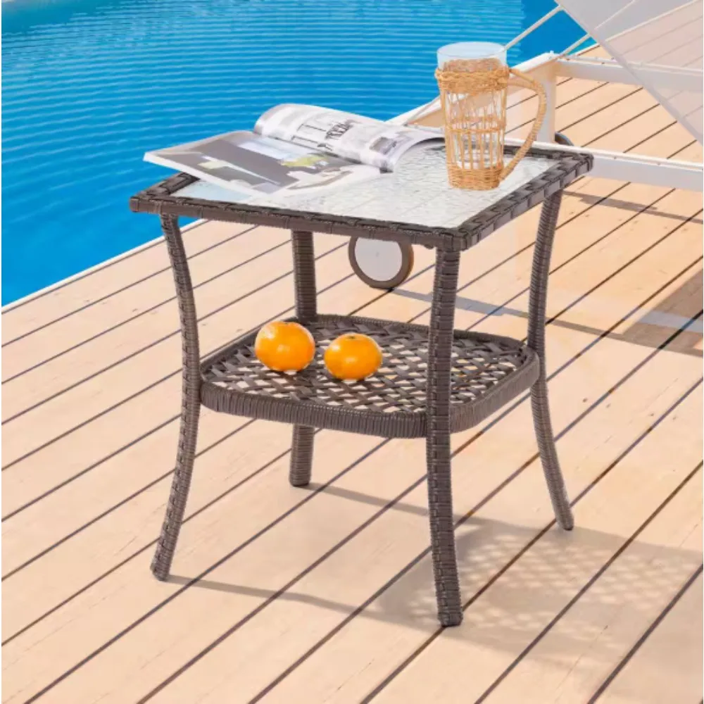 Outdoor PE Rattan Side Table, Water-Corrugated Glass Tabletop Water-Proof for Indoor and ，has double-layered storage space
