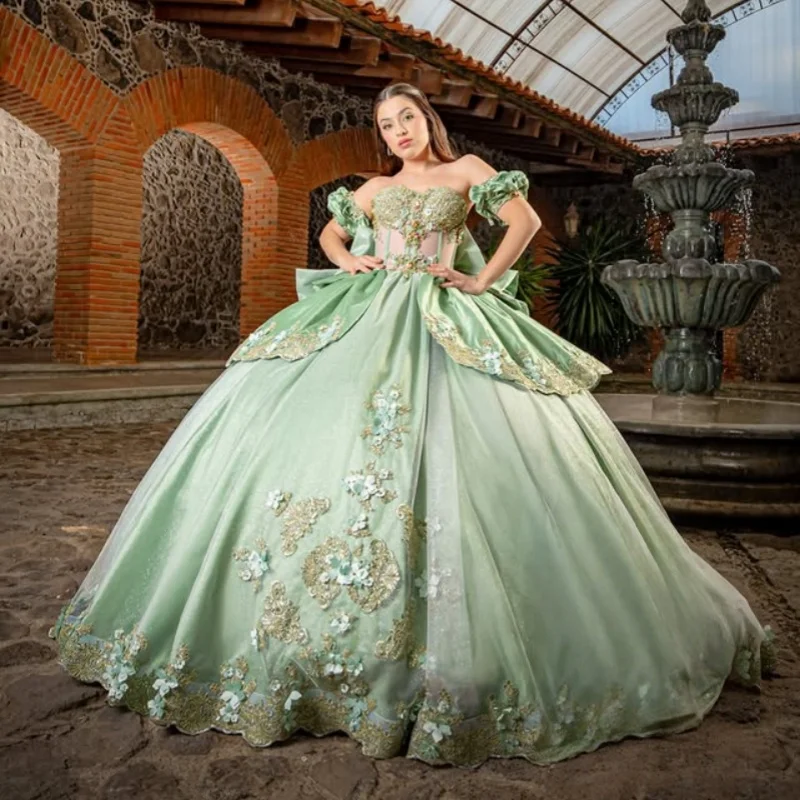 

Shiny Mint Green Quinceanera Dress off-shoulder Crystal Decal Long tail 3D Flower Bow Vestidos De 15 Quinceanera ﻿Customize