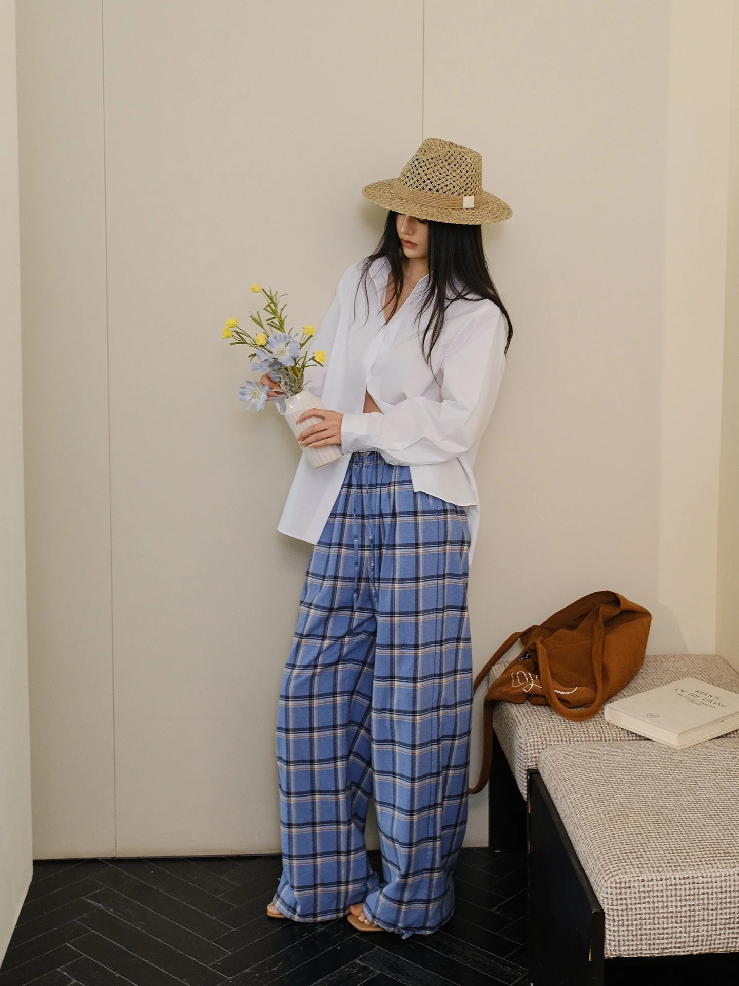 

up American Retro Contrast Color Plaid Women's Drawstring Loose Lazy Straight Leg Wide Leg Pants Casual High Waist