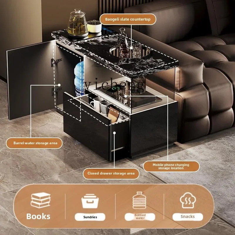 ZK rock slab edge few living room sofa side cabinet solid wood black high-end coffee table tea table integrated brewing tea